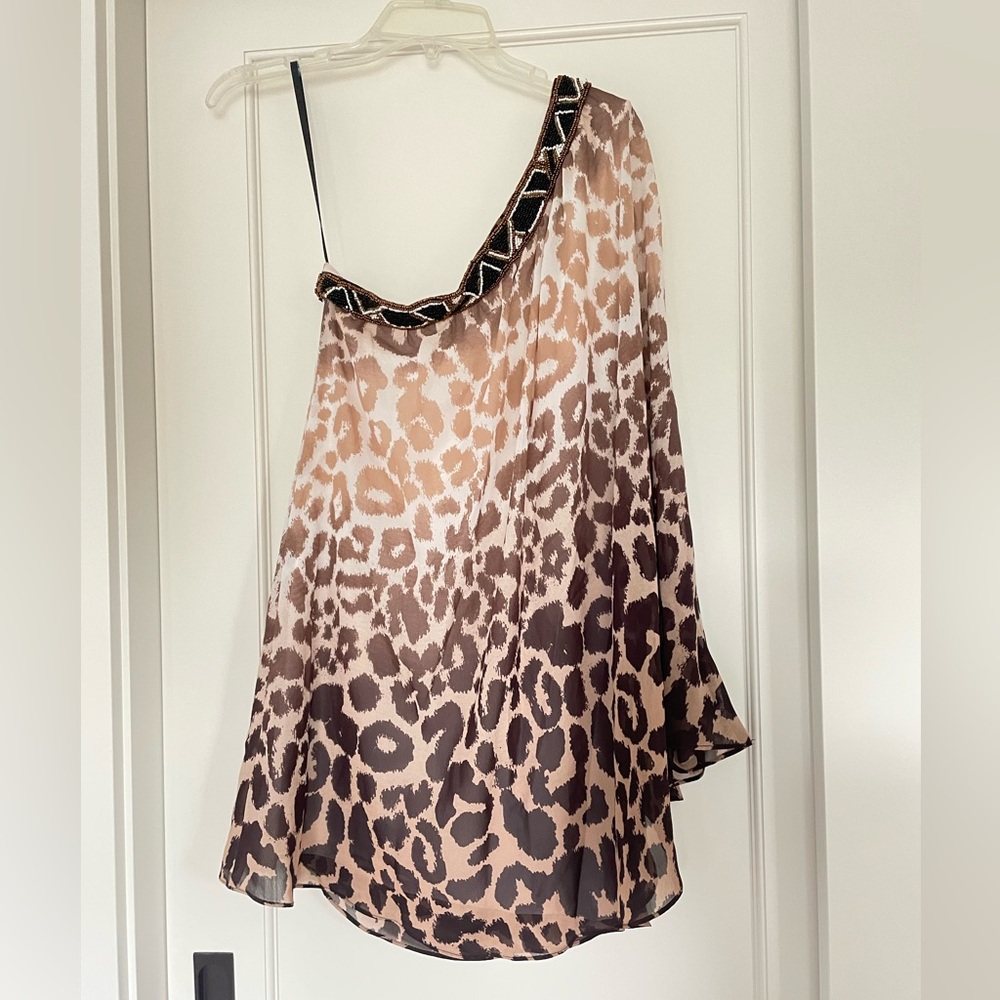 Bebe one shoulder cheetah print dress‎ with beading - Picture 2 of 8